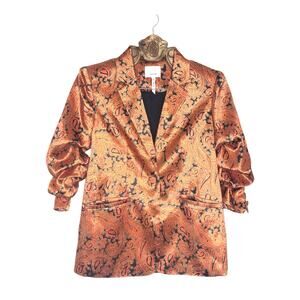 Cinq a Sept Kylie Blazer Orange Paisley Satin Ruched Sleeves Button Front 4